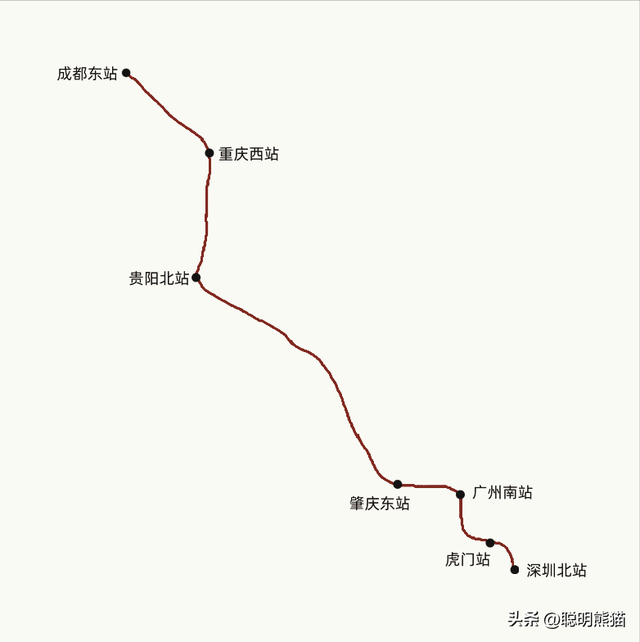 G2941次由成都东开往深圳北，沿重庆、贵阳、肇庆、广州方向行驶