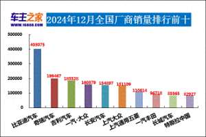 汽车排行榜(2024年12月汽车销量排行榜 奇瑞异军突起)