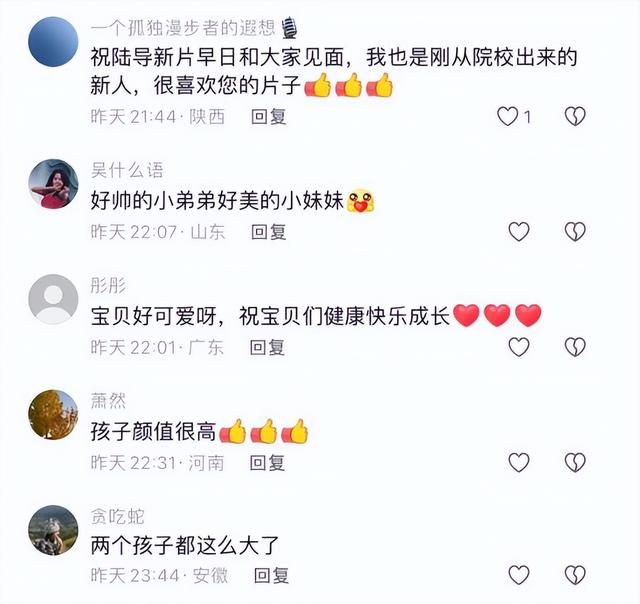 53岁陆川晒儿女正脸照，9岁儿子与3岁女儿酷似妈妈胡蝶，像龙凤胎