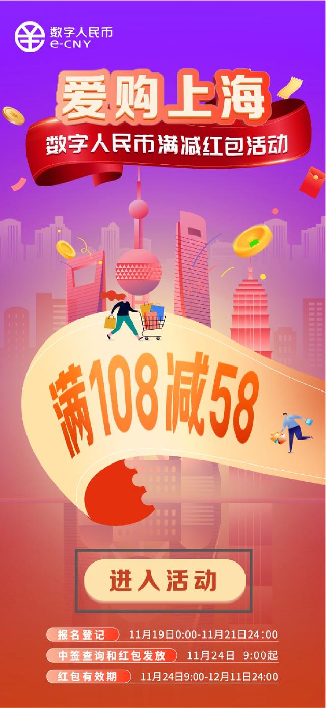 满108元减58元!上海70万个数字人民币满减红包来了,活动报名入口在此→