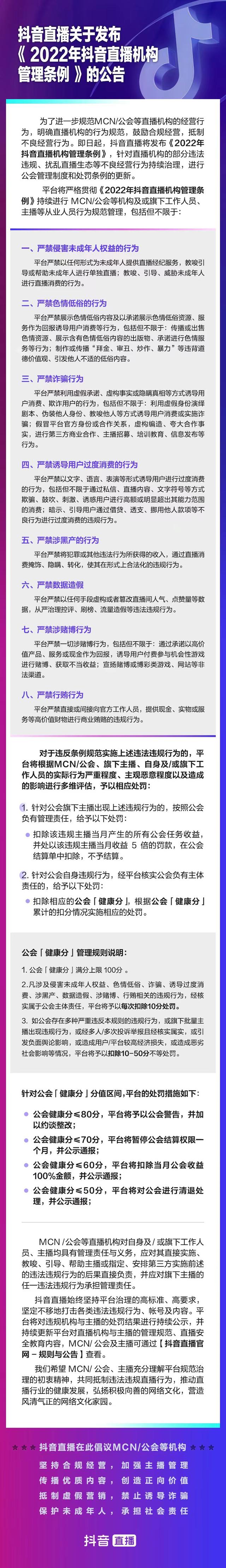 抖音直播首设公会健康分,满分100低于50直接清退