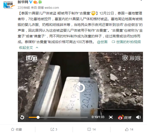 泰国11具婴儿尸体被盗 疑被用于制作“古曼童”