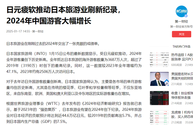 2024中日韩旅客人数对比:日本3687万,韩国不到2000万,中国呢